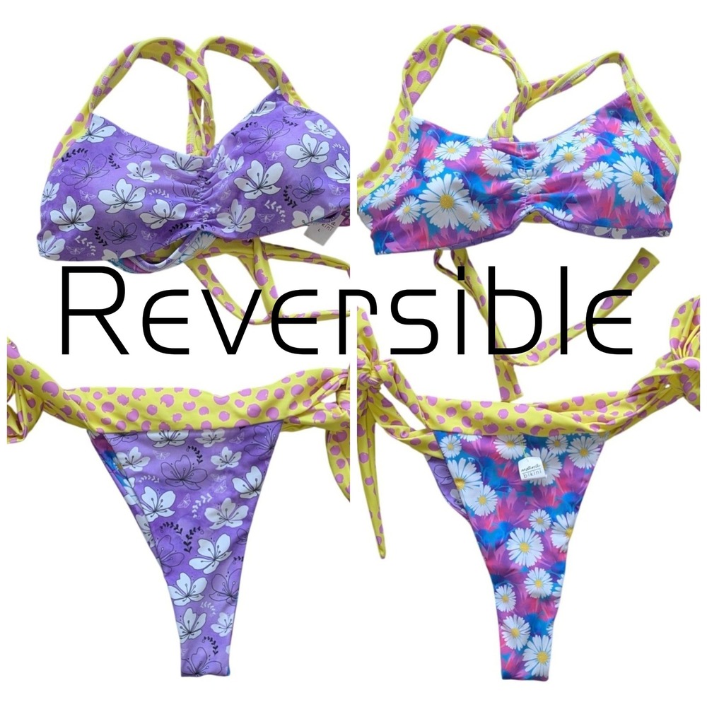 Moana bikini large reversible purple pink yellow pattern tie up lightly lined